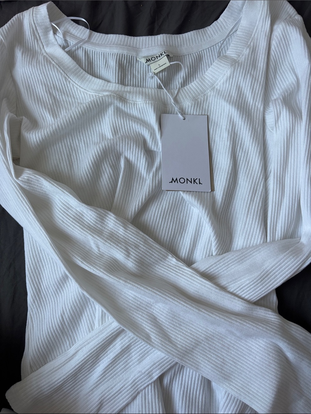 Monki White Ribbed Scoop-Neck Long Sleeve Top